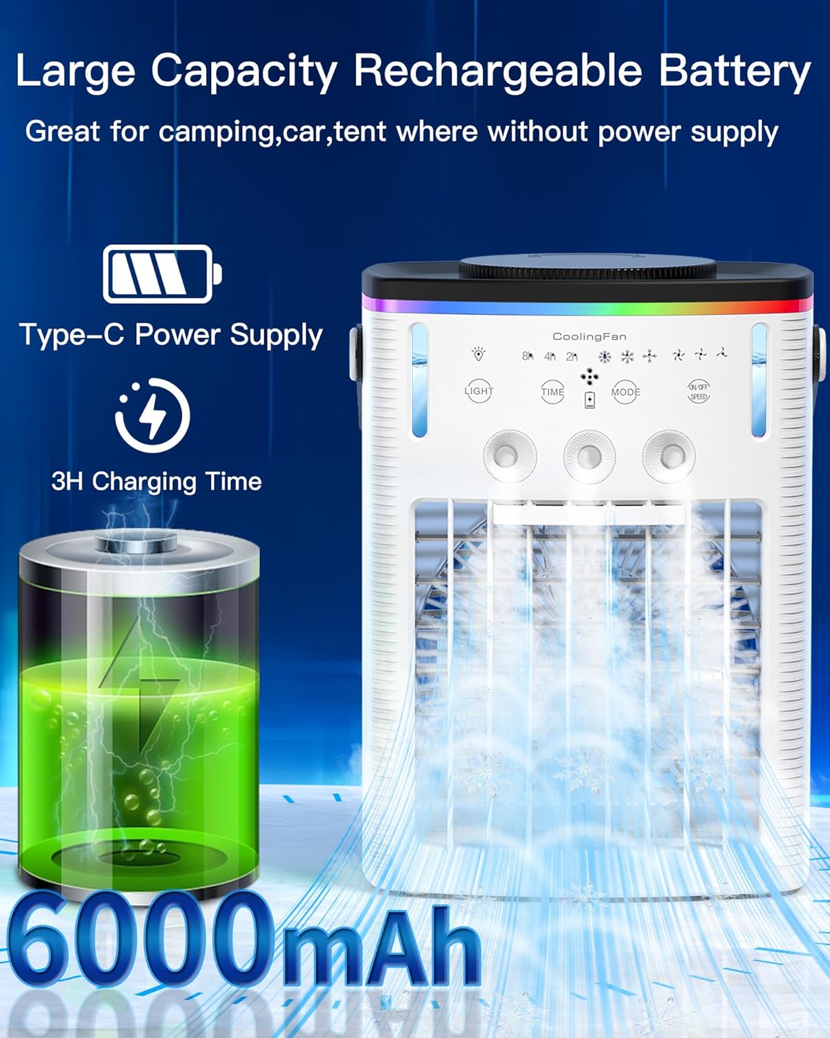 Battery Powered Air Conditioner 6000mAh,Rechargeable Small Air Conditioner for Room,Personal Air Cooler with Mist,Timer,Light,Portable Mini AC Unit Cooling Fan for Camping,Tent,Car,Desktop,Bedroom