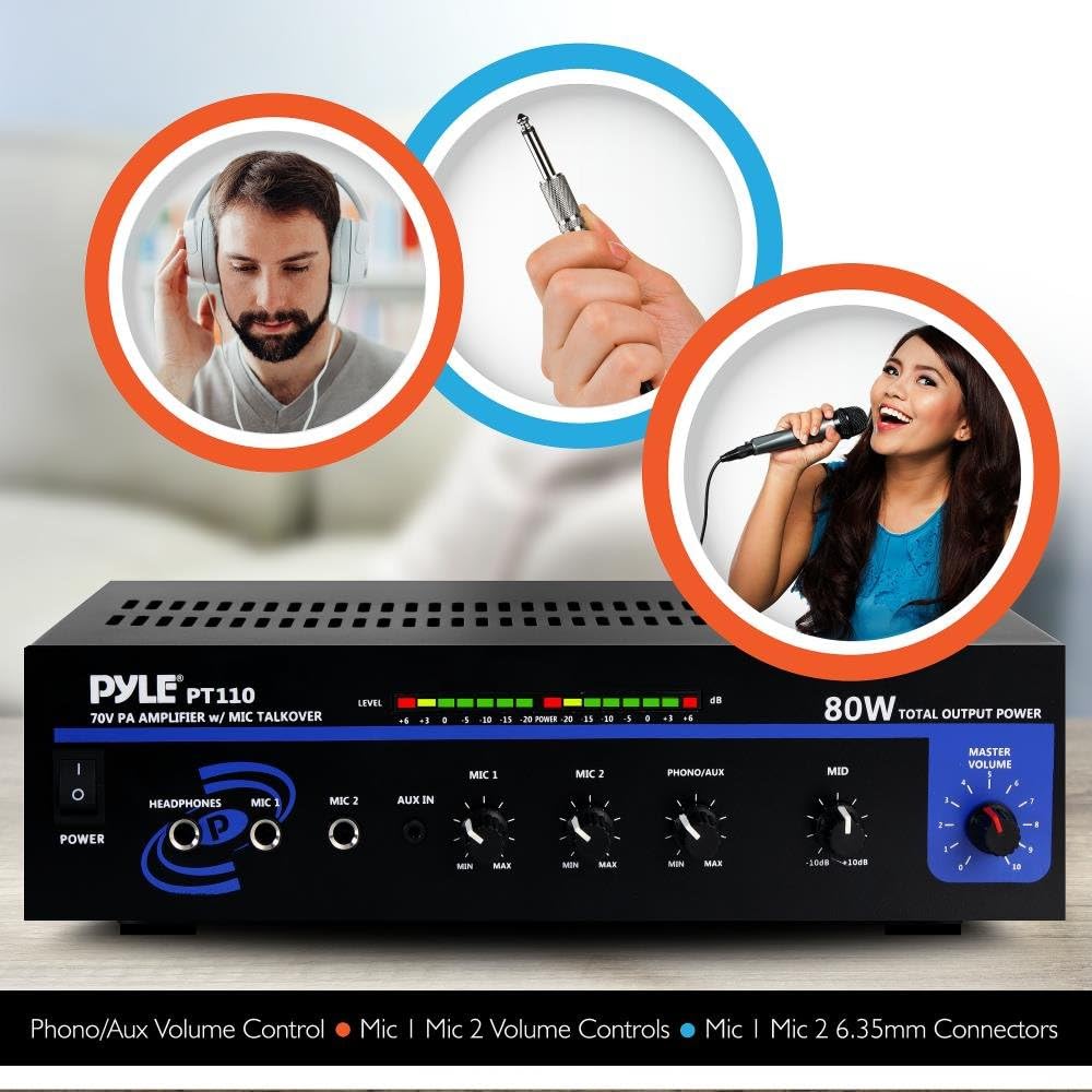 Pyle Home Compact Public Address Mono Amplifier - Professional 50W Mini Home Power Audio Sound PA Speaker Receiver System w/RCA, PT110 & Home Desktop Gooseneck Wired Microphone System -PDMIKC5 Black