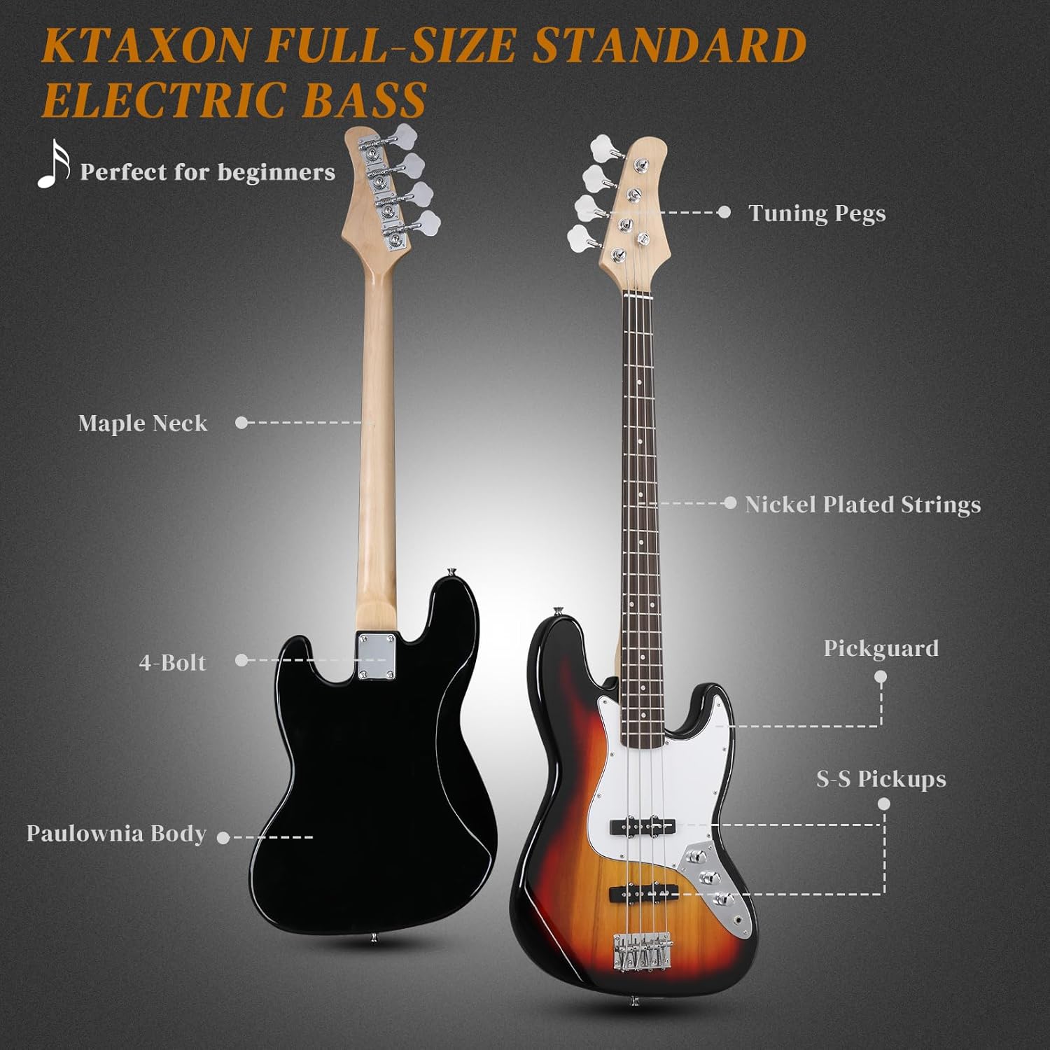 Ktaxon Electric Bass Guitar with 20Watt Amplifier, 4 String Right Handed Electric Bass Kit for Beginner & Professionals W/a Bag, Shoulder Strap, Guitar Pick, Wrench Tool(Brown Sunburst)