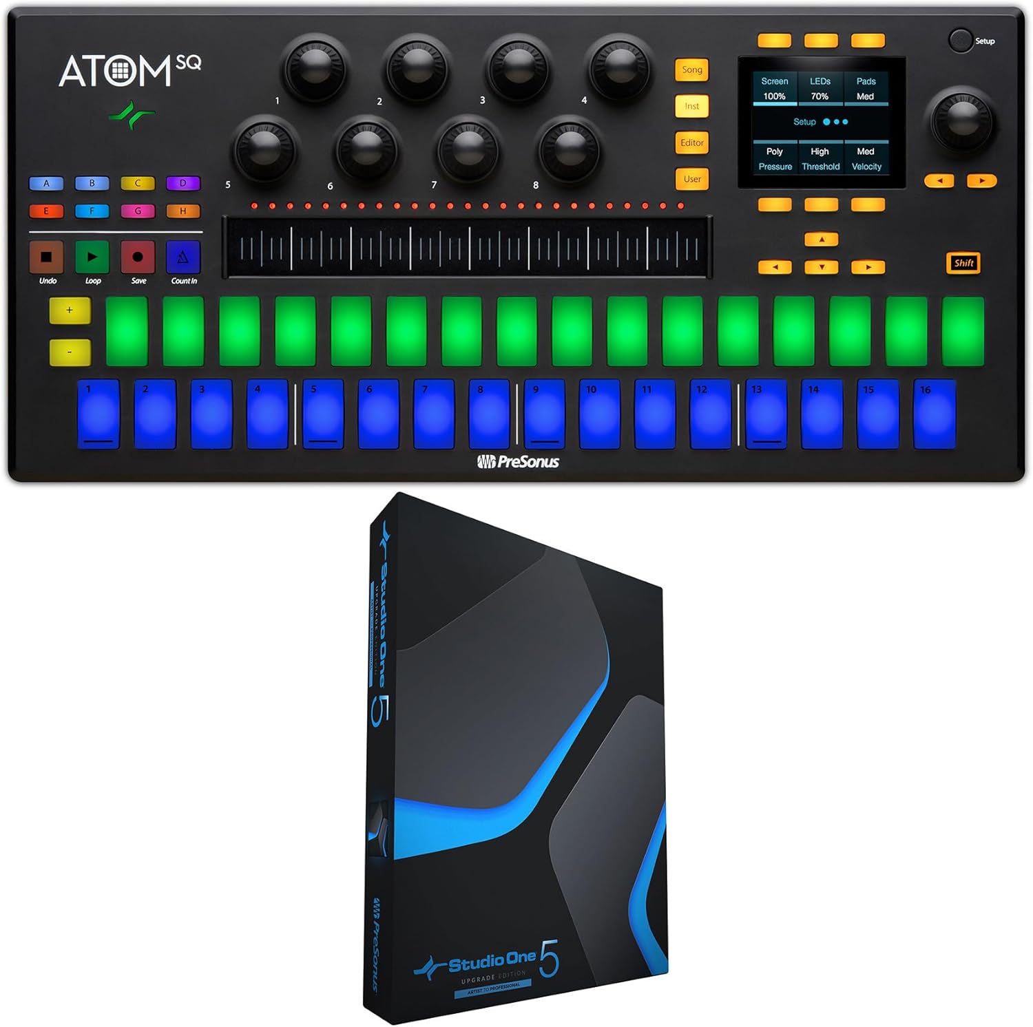 Audiosavings Bundle: PRESONUS ATOM SQ Hybrid MIDI USB Keyboard Pad Ableton Production DJ Controller Bundle with PRESONUS S15 ART UPG Studio One 5 Professional Upgrade from Artist All Version (2 Items)