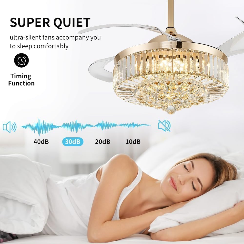 42 Inch Fandelier Ceiling Fan with Light, Chandelier Ceiling Fan for Bedroom Living Room, Dimmable, 6 Wind Speed. Reversible Motor, Memory Function-Gold