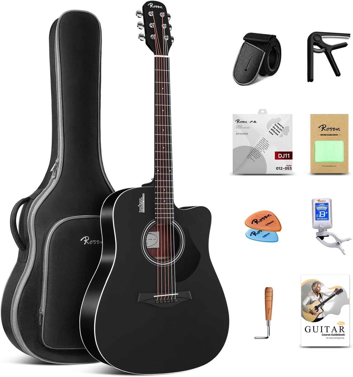 Rosen Solid Top Dreadnought Acoustic Guitar 41 Inches Spruce Guitar Beginner Bundle with Book, Padded Bag, Strings, Picks, Hexwrench, Strap, Polishing Cloth, Black