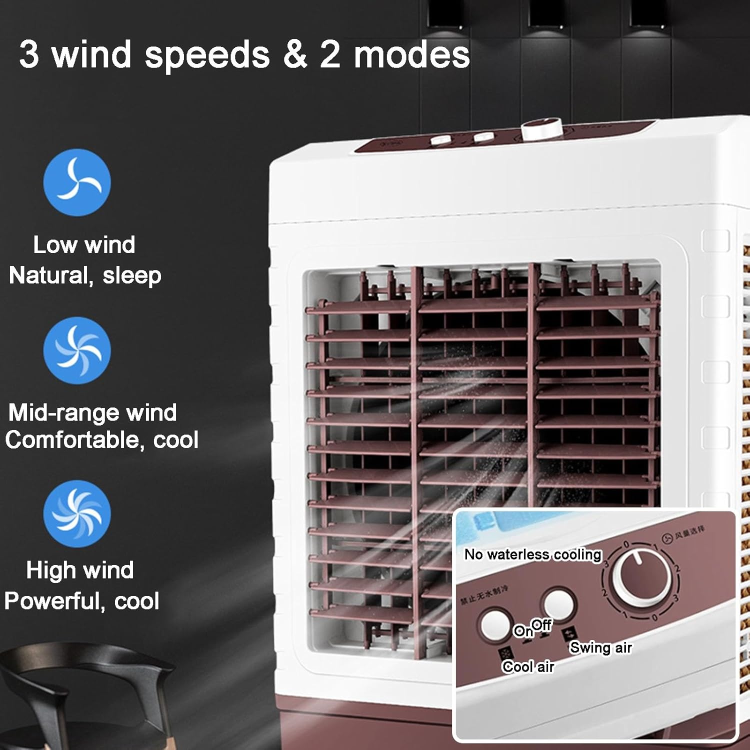 Evaporative Cooler, Knobs Air Cooler, Portable Air Conditioner with 30L/6.6Gal Water Tank, 3 Speeds and 2 Ice Packs for Outdoor Commercial Factory