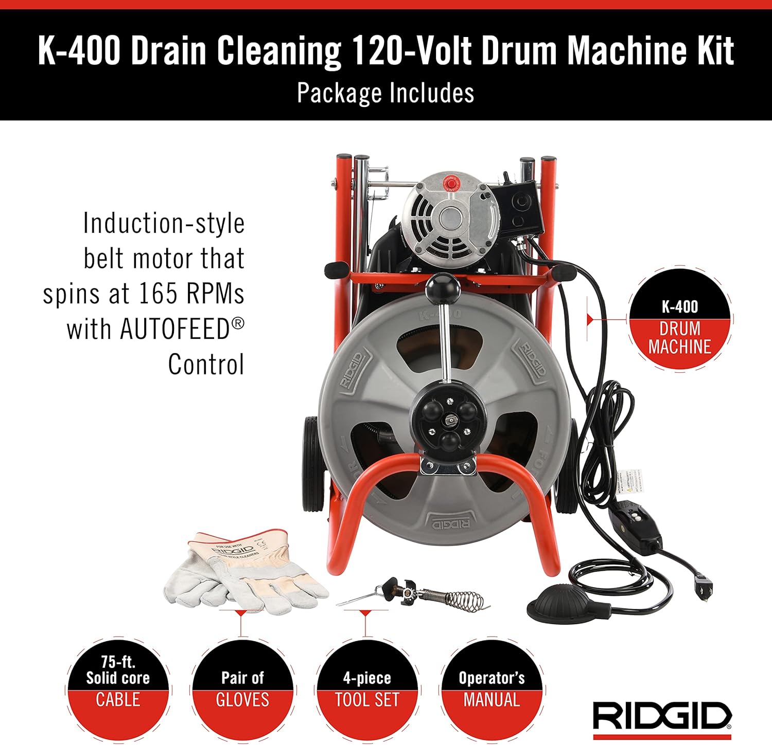 Ridgid 27013 K-400AF 115Volt C45IW Drum Machine with C45 Integral Wound Cable with Autofeed