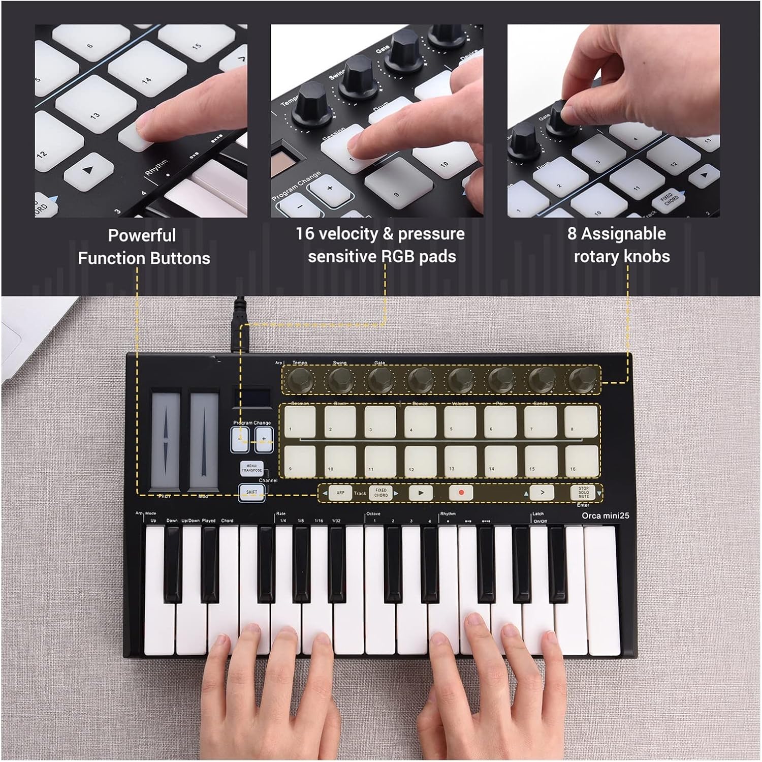 Keyboard Piano 25 Portable 25-Key USB MIDI Keyboard Controller with 16 RGB Backlit Trigger Pads 8 Assignable Control Knobs
