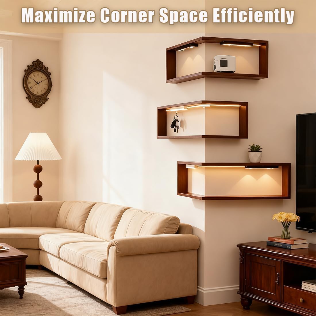 Smart Corner Shelves Light Up, Illuminated Corner Shelf with Remote, Wooden Wall-Mounted Corner Shelf Display Rack, Modern Wall-Mounted Display Rack Stand for Living Room, Study (Set-2)