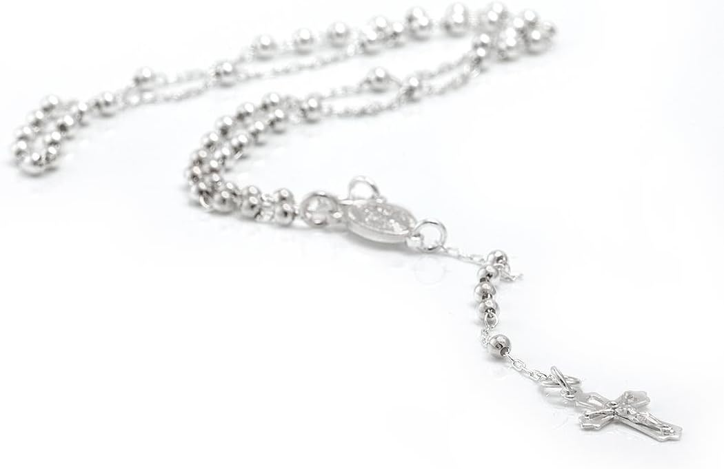 Silverly 925 Solid Silver Rosary Beads Catholic Jewelry 44 cm - Virgin Mary Crucifix Beaded Necklaces - Sterling Silver Chain Cross Necklace Men - Christian Gifts for Women - Gothic Accessories