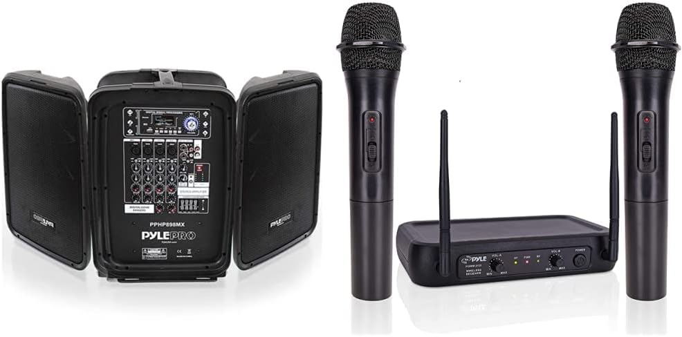 Pyle PPHP898MX 600 Watt 8-Channel Portable Bluetooth Wireless PA Speaker Amplifier Kit & Channel Microphone System-VHF Fixed Dual Frequency Wireless Set with 2 Handheld Dynamic Transmitter Mics
