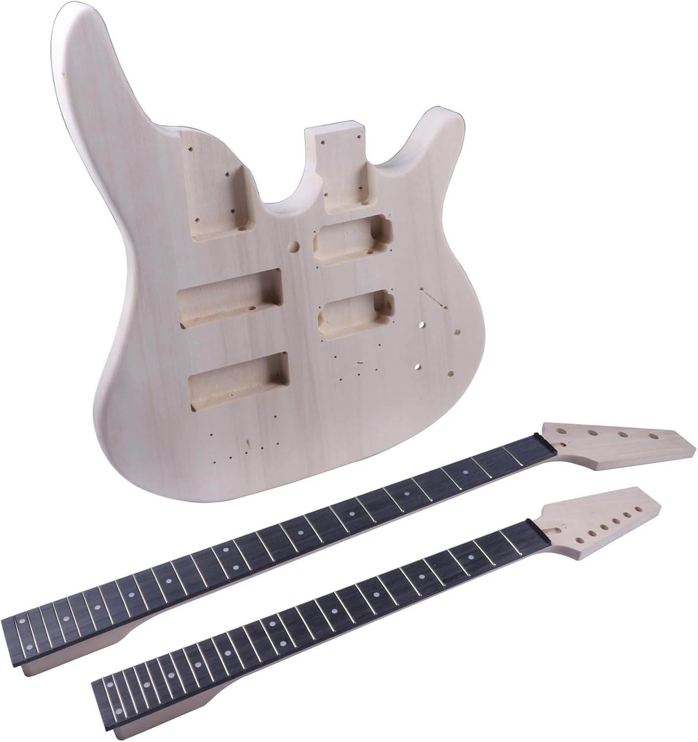 Double Neck DIY Electric Guitar and Bass Kit 6 String and 4 String Guitar Kit with Basswood Body Hard Maple Neck Engineered Fretboard Chrome Hardware Build Your Own Bass and Guitar.