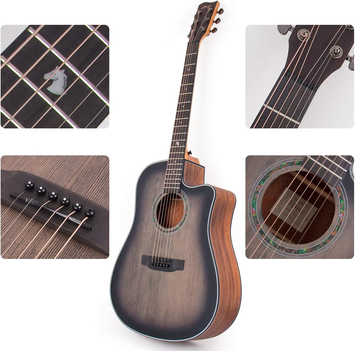 lotmusic 41 Inch Acoustic Guitar Full-size Dreadnought Professional Cutaway Folk Guitarra Bundle 6 Metal Strings with Beginner Kit (Gig Bag, Tuner, Strap, Picks all accessories