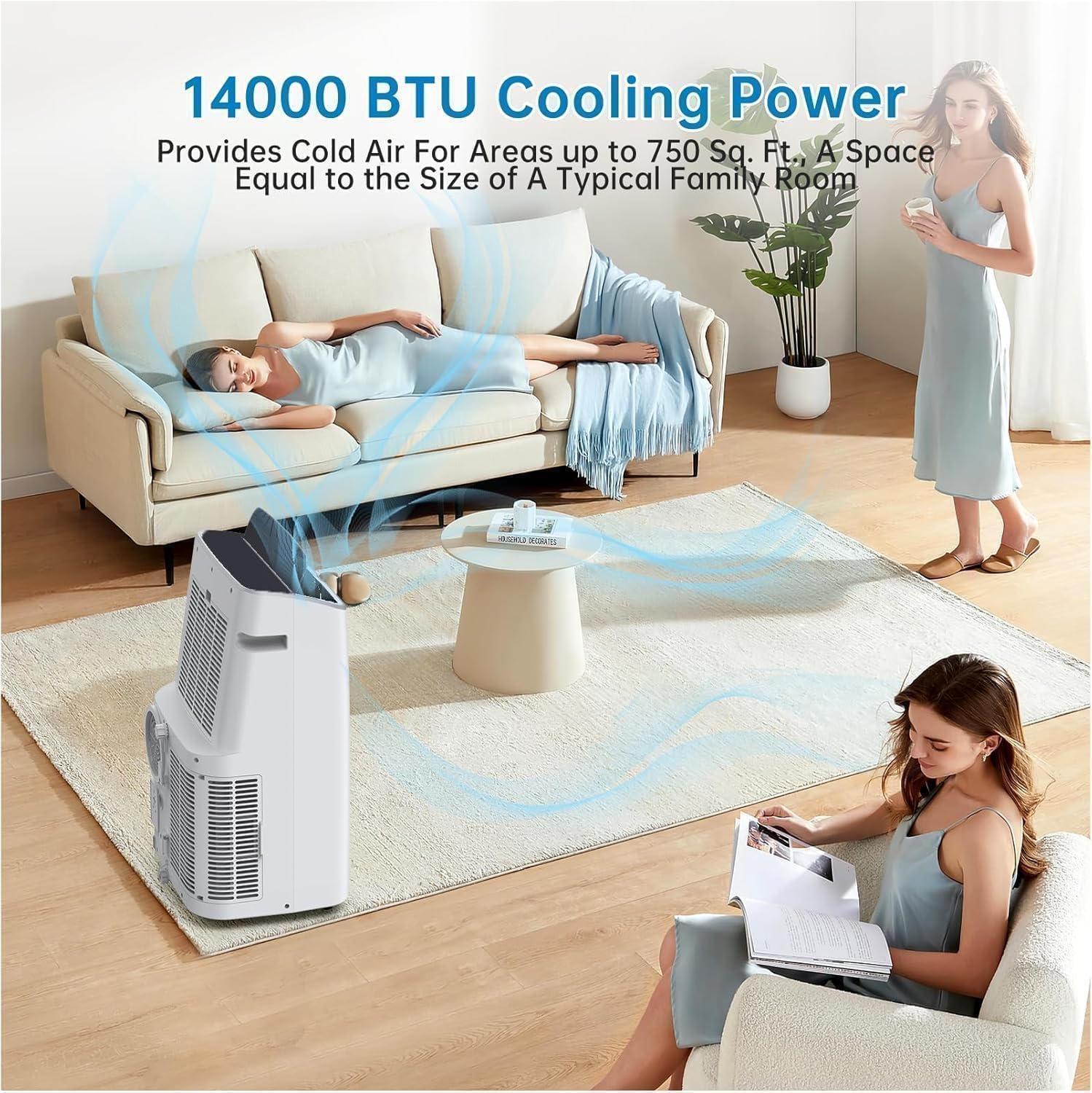 14,000 BTU Portable Air Conditioner Cools Up to 750 Sq.Ft, 3-IN-1 Quiet Portable AC Unit with Remote Control & Installation Kits for Large Room, Smart/Sleep Mode, Auto Swing, 24H Timer