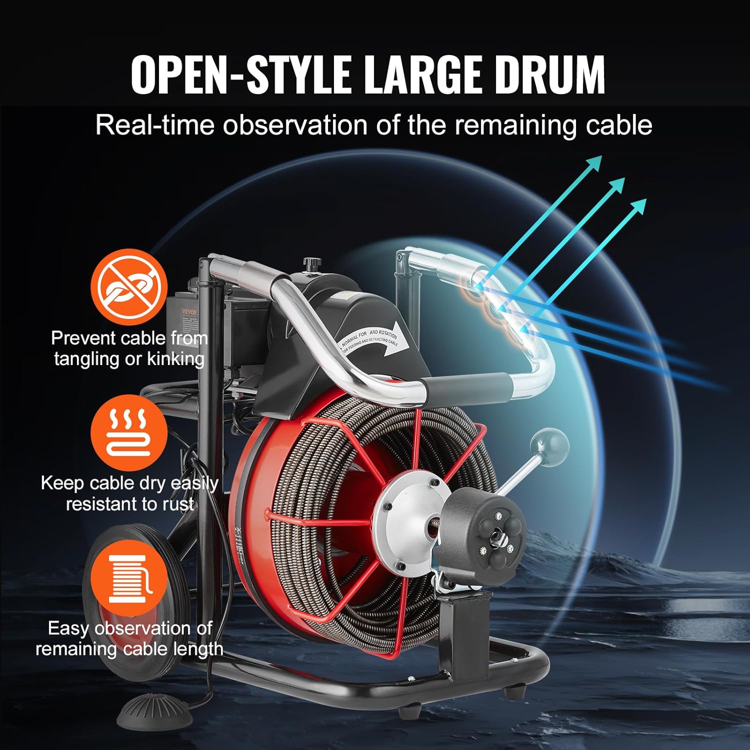 VEVOR Drain Cleaner Machine 100FT x 3/8 Inch, Auto Feed Sewer Snake Auger on Wheels, 370W Portable Drain Cleaning Machine with 8 Cutters & Air-activated Foot Switch for 2