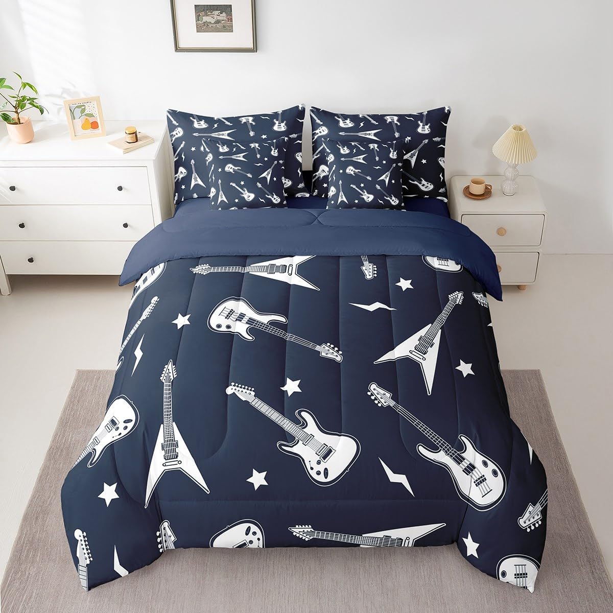 Guitar Bass Comforter Set Music Theme Guitars Bedding Set King Size 7 Pcs,Funny Musical Instrument Bed Set for Kids Girls Room Decor Navy Blue Polyester Bed in a Bag with Comforter,Sheets,Pillowcases