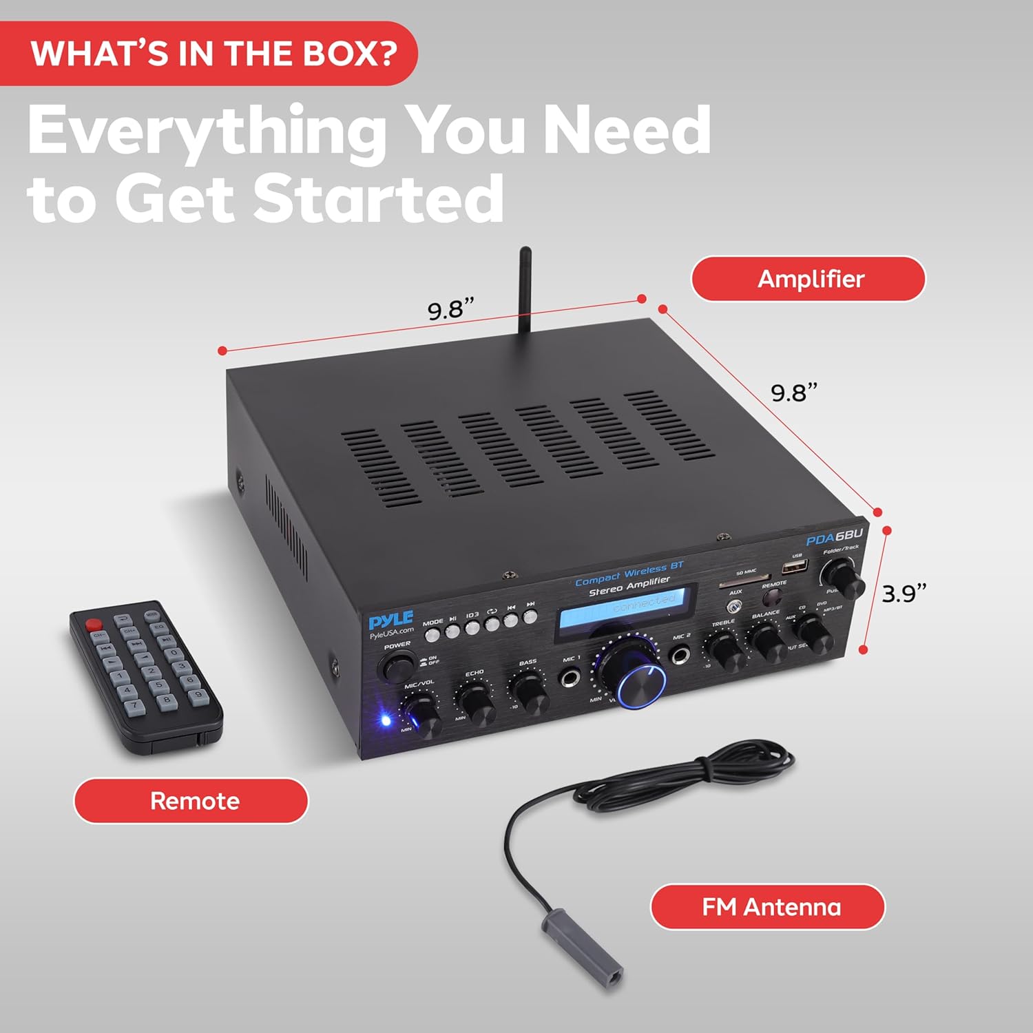 Pyle Wireless Bluetooth Power Amplifier System- 200W Dual Channel Sound Audio Stereo Receiver w/ USB, SD, AUX, MIC in w/ Echo, Radio, LCD, for Home Theater Entertainment via RCA, Studio Use- PDA6BU.7