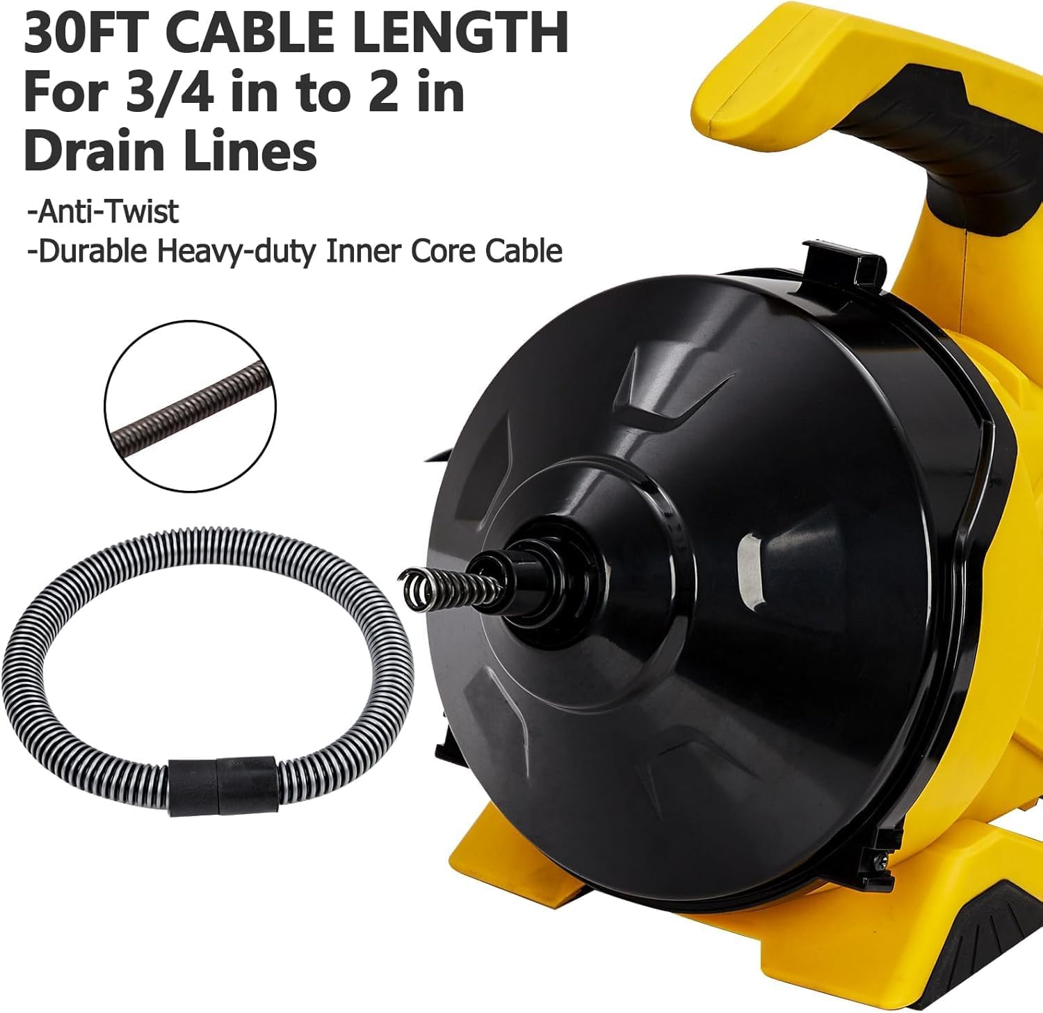Electric Drain Cleaner Machine 30Ft - Auto-feed with foot switch and directional rocker, efficient for 3/4-2in pipes, 30ft anti-twist piano wire cable, lightweight closed drum, dual hoses