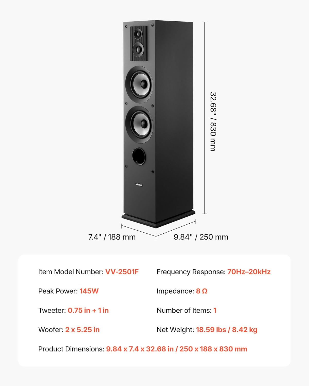 VEVOR Passive Floorstanding Speaker, 3-Way, Floor-Standing Tower Speaker with 0.75 in & 1 in Tweeter, 5.25 in Woofers, 145W Peak, 70Hz–20kHz Frequency Response, MDF Enclosure, for Home Audio, Single
