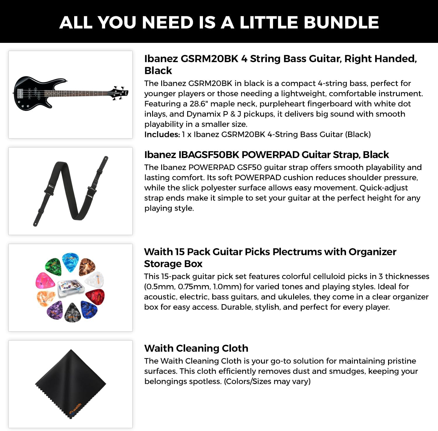 Ibanez GSRM20 4-String Solid Body Bass Guitar (Black) - Right Handed Poplar Body Bass with GSF50 Powerpad Strap, 15 Pack Guitar Picks with Storage Box & Microfiber Cleaning Cloth (Bundle Set)