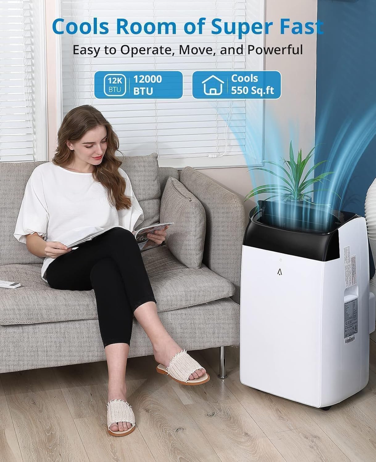 Portable Air Conditioner - 12,000 BTU, 3-In-1 Functionality (Cooling, Dehumidifier, Fan), Cools Up to 450 Sq.Ft, Remote Control, 24-Hr Timer, Smooth Caster Wheels, Perfect for Home，Black top cover