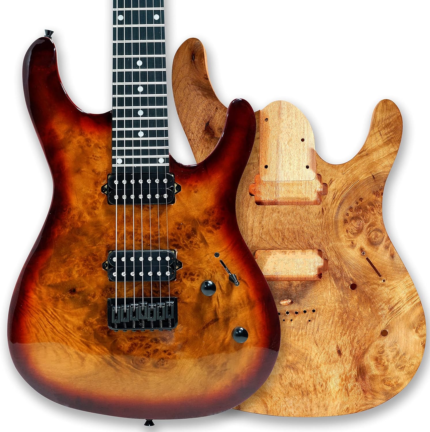 BexGears DIY 7 String Electric Guitar Kits Burl poplar veener top okoume Body maple neck & composite ebony fingerboard You Build The Guitar
