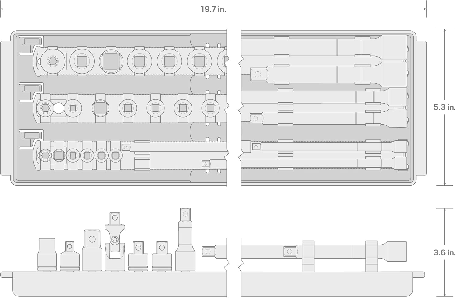 TEKTON 1/4, 3/8, 1/2 Inch Drive Extension and Accessory Set with Rails and Tray (27-Piece) | SHA99201