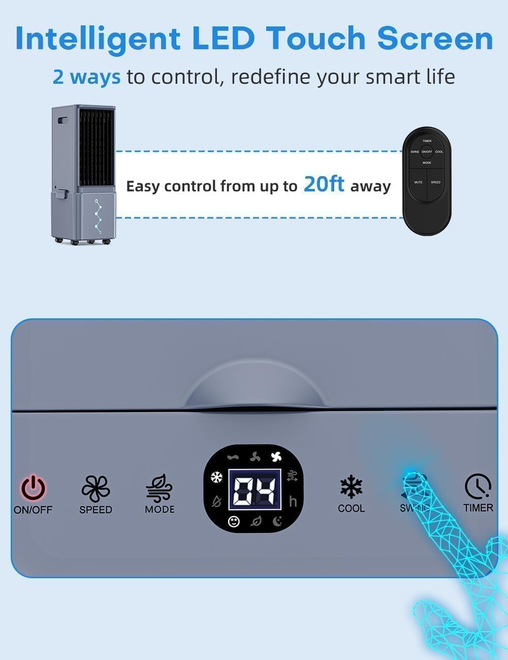 Windowless Air Conditioner w/ 4 Modes & 3 Speeds, Waterless Alert, 2.4-Gal Tank for 20H Cooling, 12H Timer, 20FT Remote, 70° Auto Swing Evaporative Air Cooler, Portable AC Unit for Bedroom