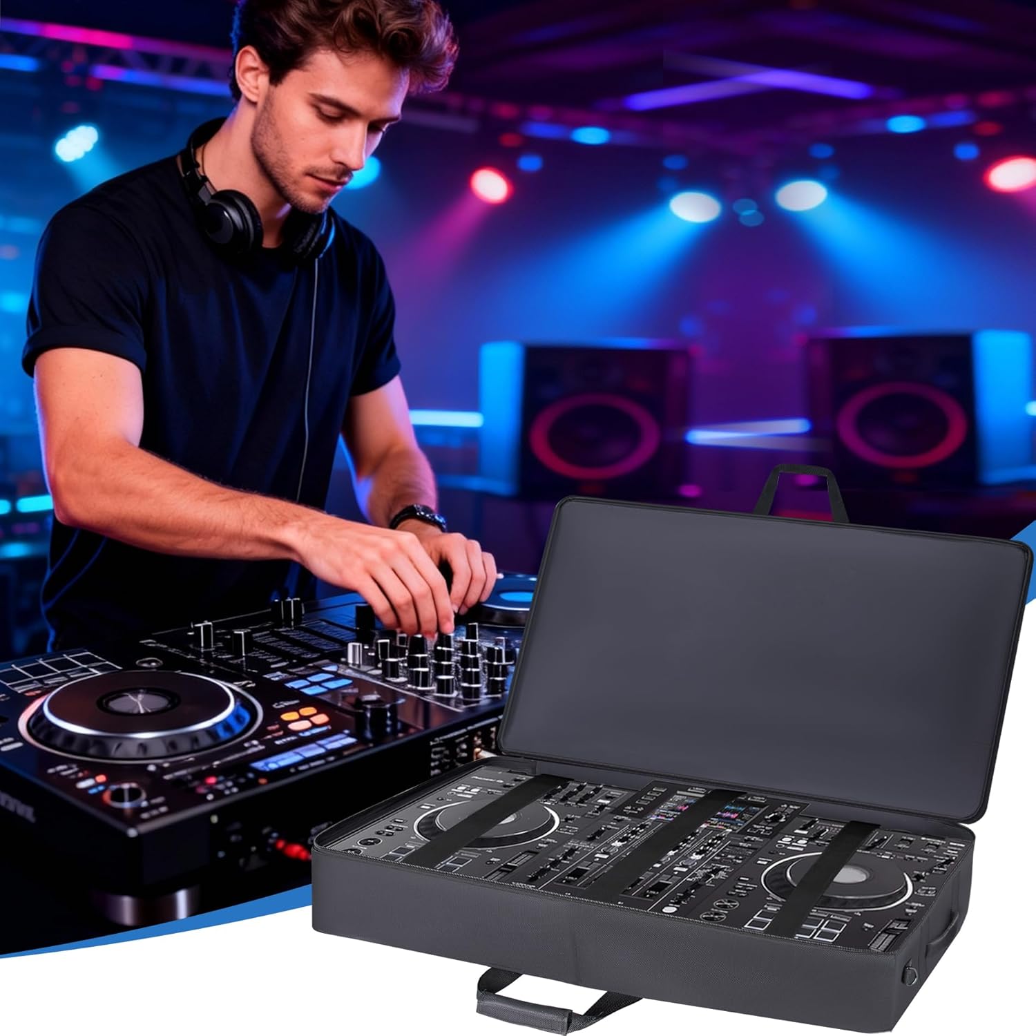 DJ Controller Case with Wheels Compatible with XDJ-AZ/XDJ-XZ/DDJ-SZ/RZ, Rolling DJ Travel Gig Bag with 10MM Soft Padded & Multi-pocket for DJ Controller & Accessories (with Wheels)