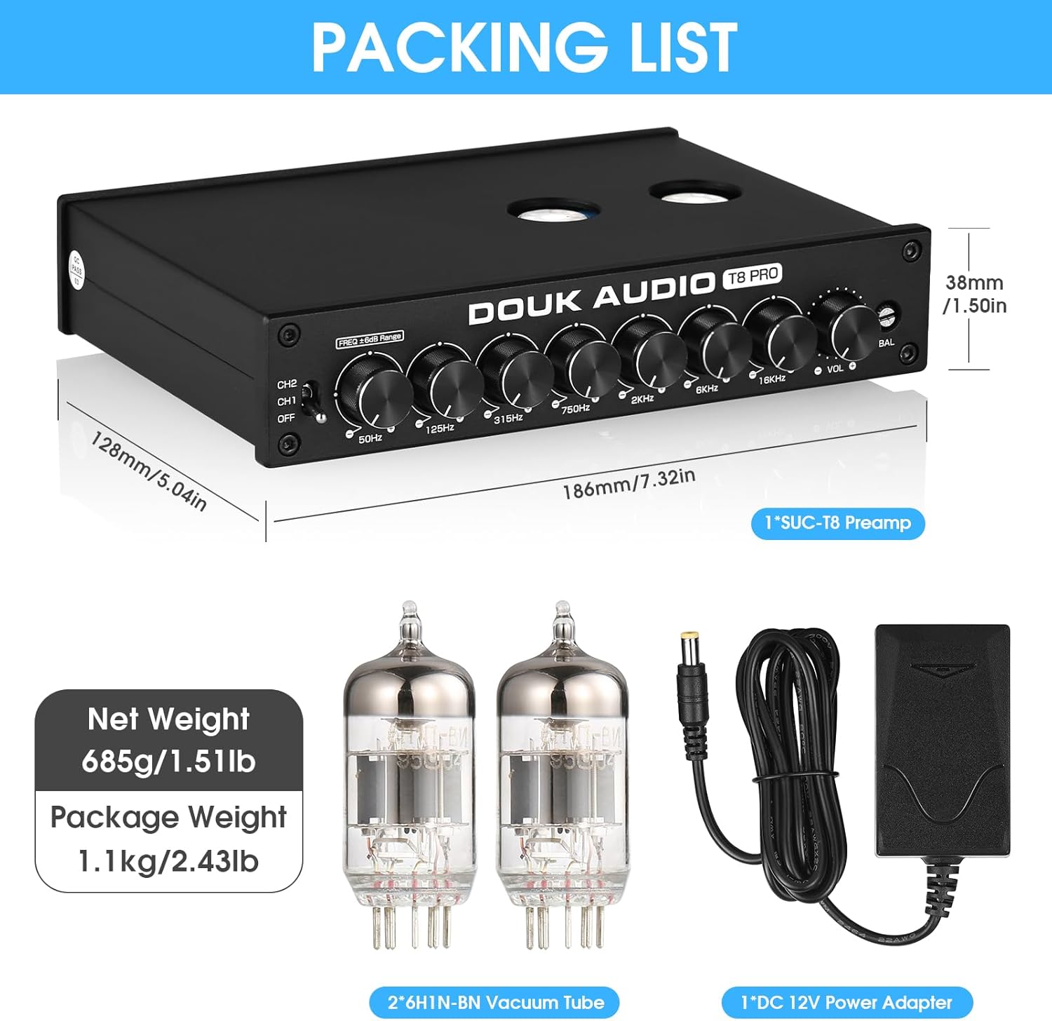 Douk Audio Balanced EQ Preamp: 7-Band Equalizer - Vacuum Tube Preamplifier with XLR RCA Inputs & Outputs - for Home Stereo HiFi System, Amplifiers, Active Speakers (T8 PRO Black)