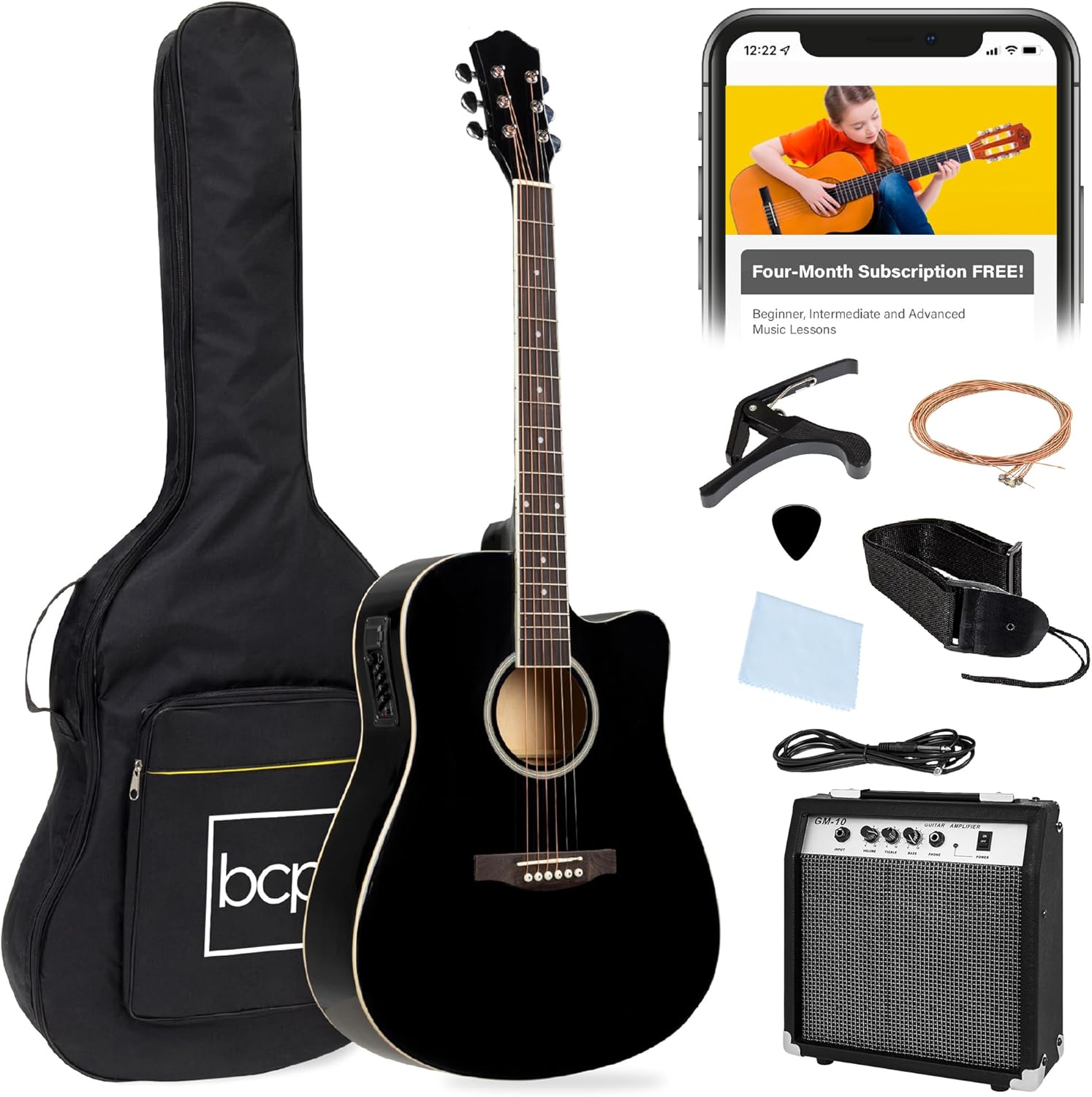 Best Choice Products Beginner Acoustic Electric Guitar Starter Set w/ 41in, All Wood Cutaway Design, Gig Bag, Strap, Picks - Black