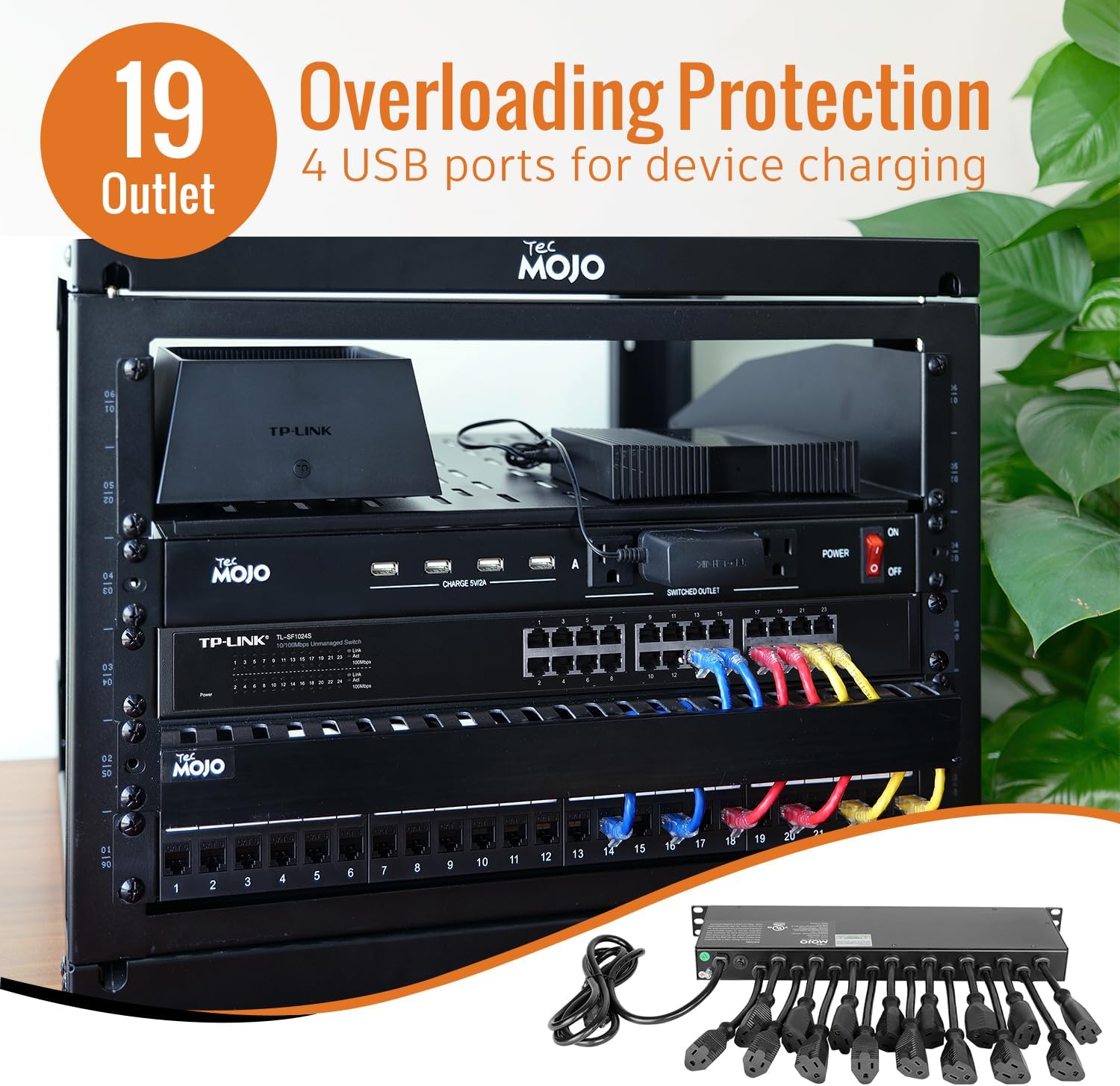 Tecmojo 1U Rack Mount 19 Outlet PDU Power Distribution Unit Power Strip Circuit Breaker fits 19-inch AV/Network/Server Cabinet/Closet/Enclosure