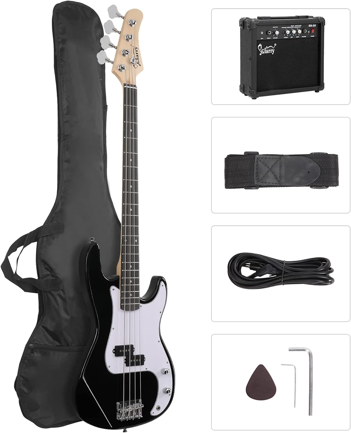 GLARRY Full Size Electric Bass Guitar Beginner Kit 4 String Exquisite Basswood Bass with 20W AMP, Cable, Strap, Bag and Accessories (Black, 39