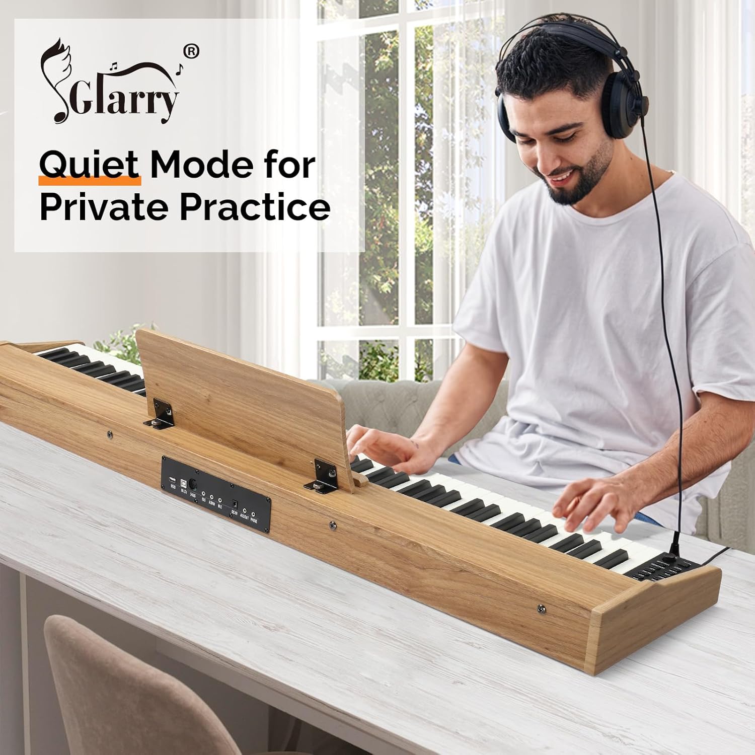 GLARRY Digital Piano Keyboard，Portable 88 keys Semi-Weighted Electric Piano with Three Pedals for Beginner, Bluetooth, Triple Pedals, Power Supply, 2 Speakers (Nature)