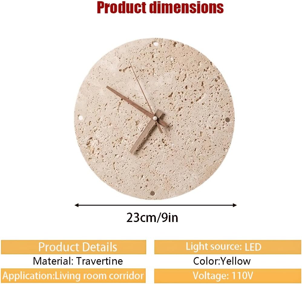 9in Creativity Unique Wall Light with Clock Round Natural Stone Shade Wall Lamp Corner of The Living Room Wall Sconce Ambient Wall Lighting for Living Room, Dining Room, Hallway
