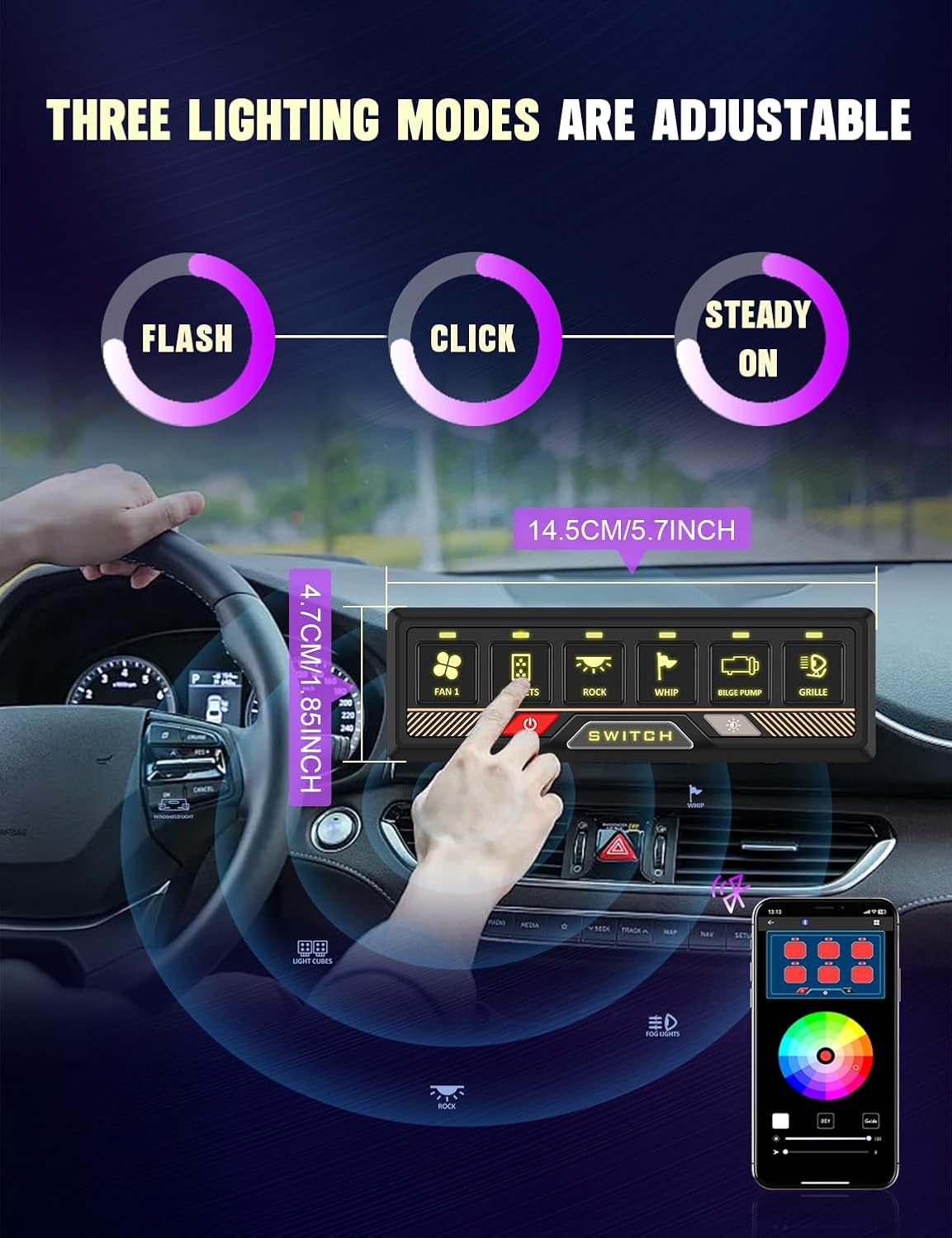 Chelhead Bluetooth Switch Panel 12V Universal 6 Gang Switch Box, Works with Android Auto & App, RGB Keypad, Programmable Modes for Led Pods Whip Lights Electronic Accessories for UTV Trucks
