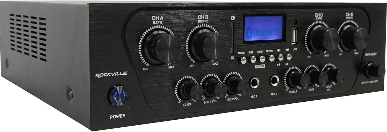 Rockville RPA40BT 1000W 4-Zone Home Stereo Bluetooth Amplifier Receiver, Multi-Room Audio, RCA/USB/SD/Optical Inputs, Mic Mixer w/Echo, FM Radio, for Home Entertainment and Small Venues