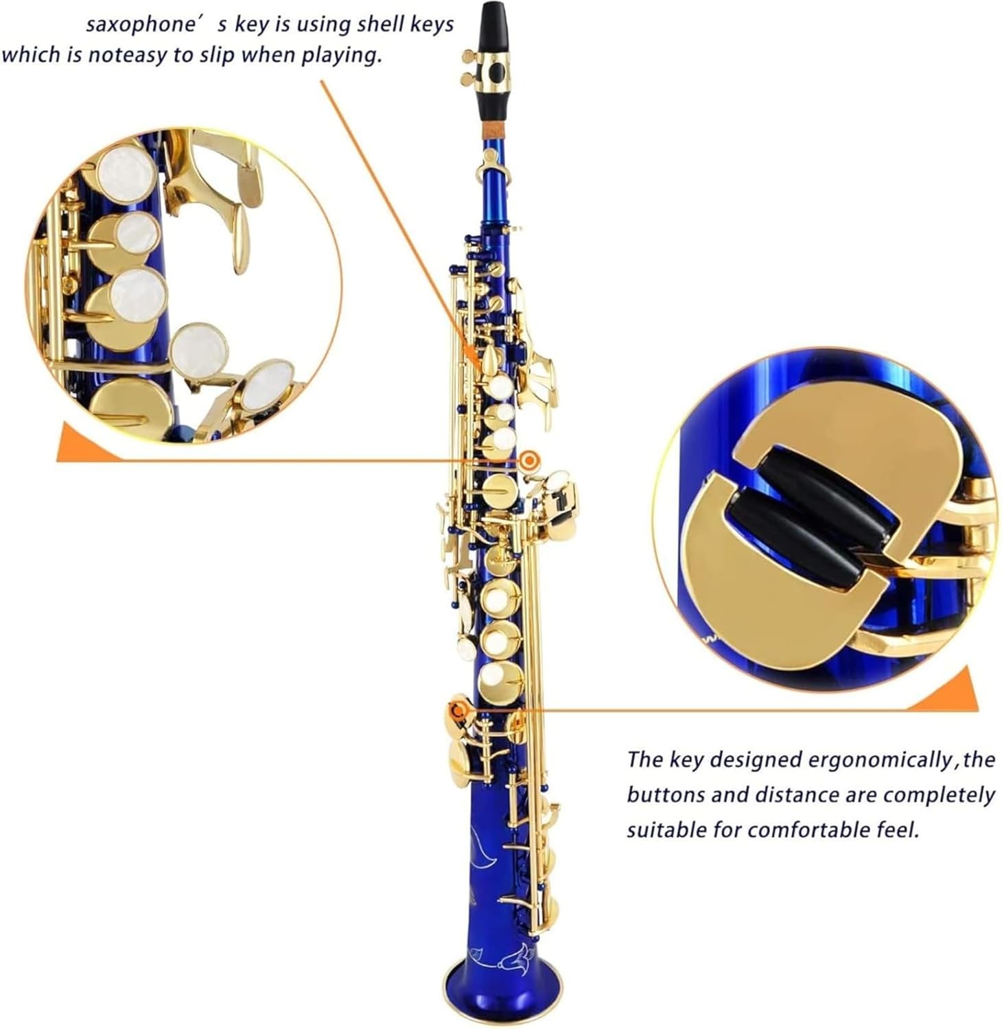 Bb Straight Saxophone Brass Gold Lacquer - Beginner To Intermediate Musical Instrument with Case & Accessories (Blue,Gold,Nickel)