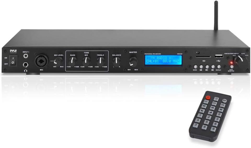 Pyle Rack Mount Studio Pre-Amplifier - Audio Receiver System w/ Digital LCD Display Bluetooth FM Radio Recording Mode Remote Control USB Flash or SD Card Reader Input and Output Jack - PPRE70BT