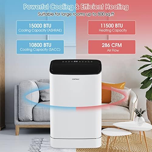 COSTWAY 15000 BTU Portable Air Conditioner, with Heat, Auto Swing 4-in-1 AC Unit for Rooms up to 800 Sq.Ft, with Built-in Dehumidifier, 24H Timer, Remote Control/APP Control & Window Kit(15000 BTU)