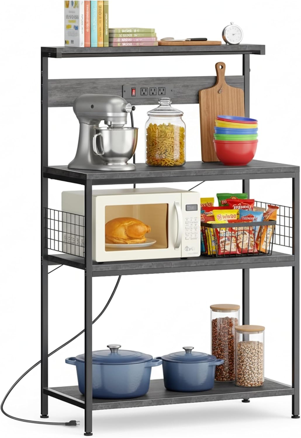 Simple Deluxe Kitchen Bakers Rack with Power Outlet, Coffee Bar Accessories Table, 4-Tier Adjustable Storage Shelf for Spices, Freestanding Appliance Organizer, 31.5 Inch, Gray