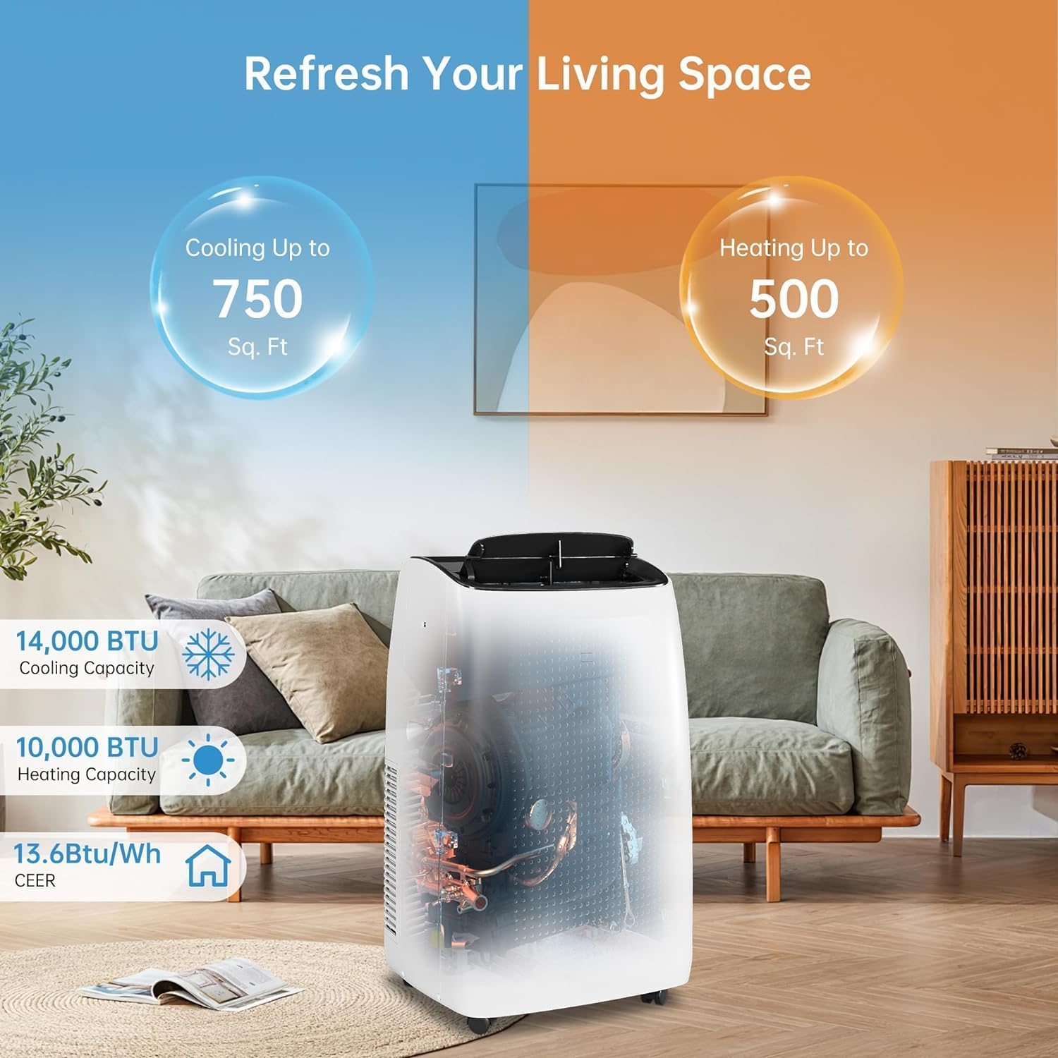 14,000 BTU Portable Air Conditioner with Heater, 4 in 1 AC Unit for Living Room with Cooling, Dehumidifier & Fan, Quiet Mobile AC with Remote Control, Cooling & Heating for Rooms Up to 750 Sq.Ft