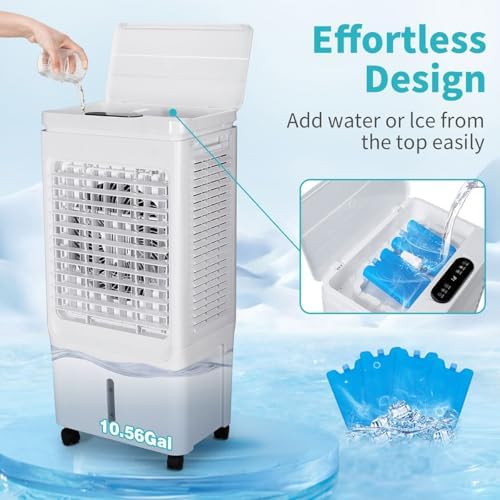 3-in-1 Portable Air Conditioner - 60° Oscillating Evaporative Air Cooler with Remote, Cools up to 215 Sq. Ft., Cooling fan Air Conditioner for Room Office Garage, White