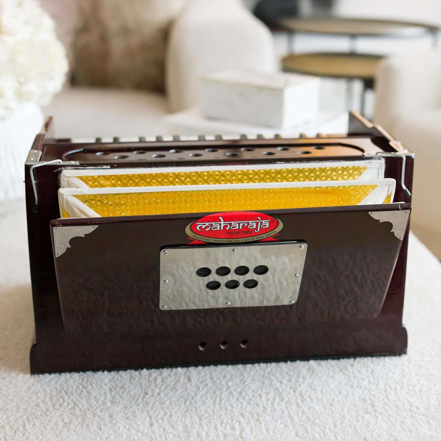 Portable Harmonium, Maharaja Musicals, Small, 2 1/4 Octaves Saptak, Dark Mahogany Color, 3 Fold Bellow, 17x10x10 Inch, Handle, Bag, Kirtan Yoga Companion, Handmade Harmonium Instrument-PH2