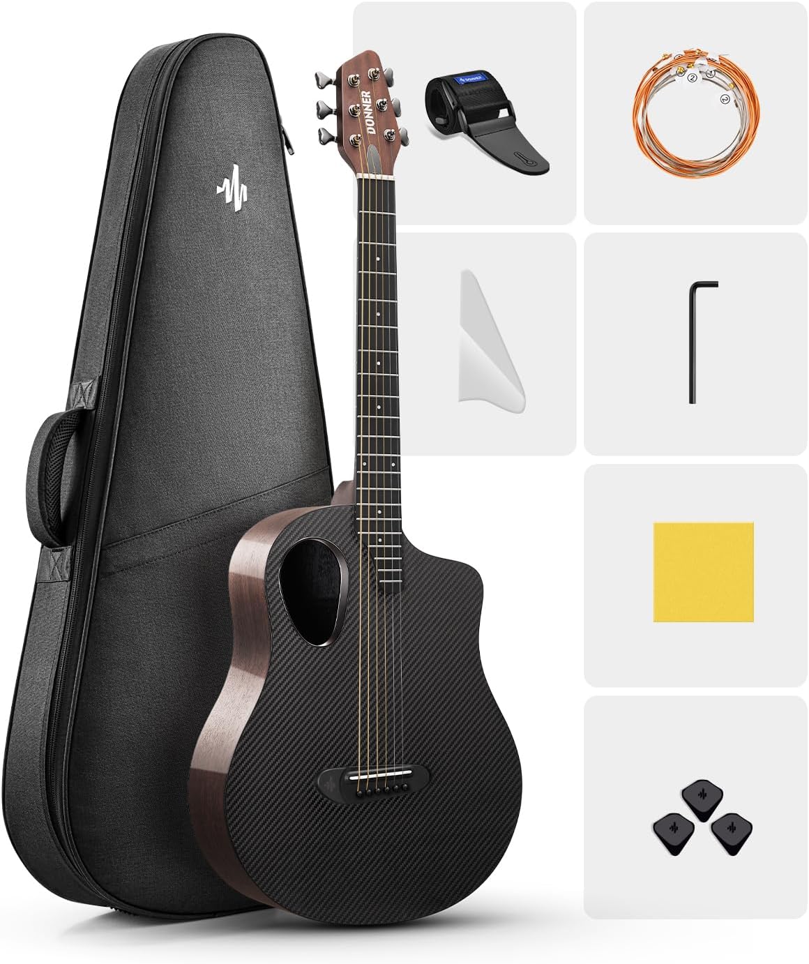 Donner Carbon X Wood Acoustic Guitar Beginner & Intermediate Learner Kits - Carbon Fiber Top, Wooden Bowl, 38