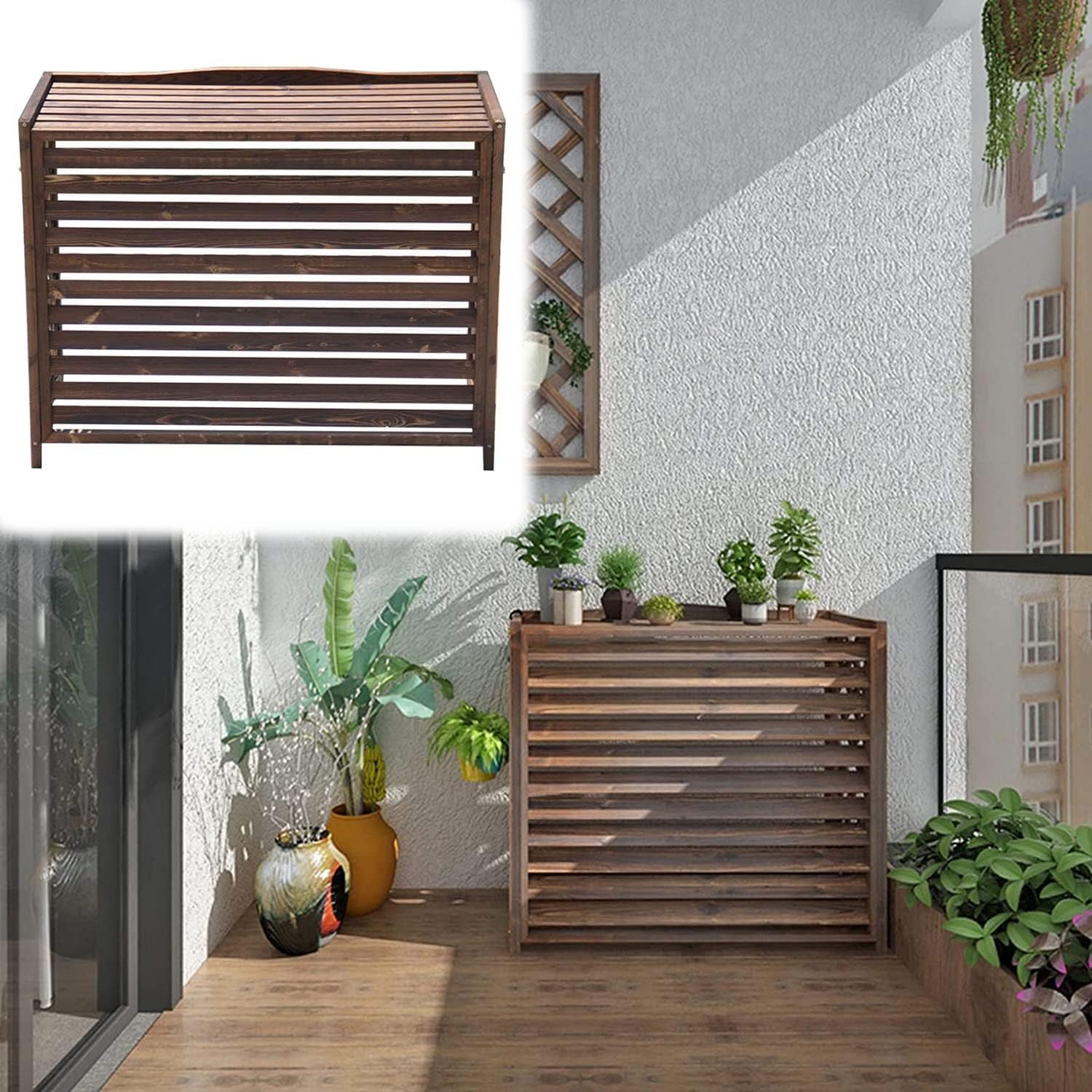 Air Conditioner Cover for Outside Units, Solid Wood Air Conditioning Flower Rack, Privacy Outdoor Screen, Louvered Plant Shelf for Balcony Garden Outdoor 103 * 44 * 93Cm
