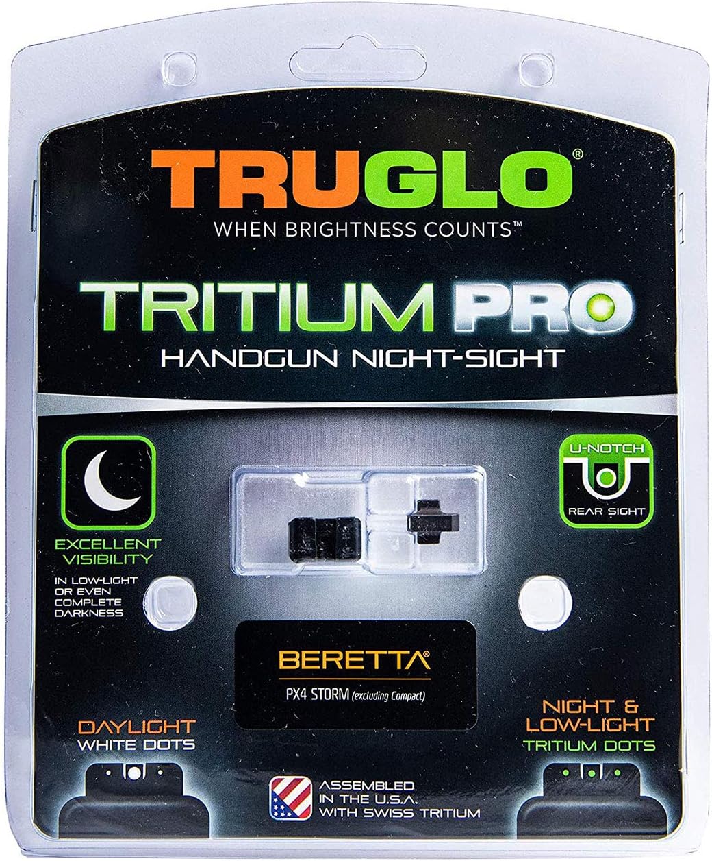 TruGlo Tritium Pro Glow in The Dark Gun Handgun Glock Pistol Laser Sight Accessories with Rear Colors for Beretta PX4 Storm and Green Light, Black