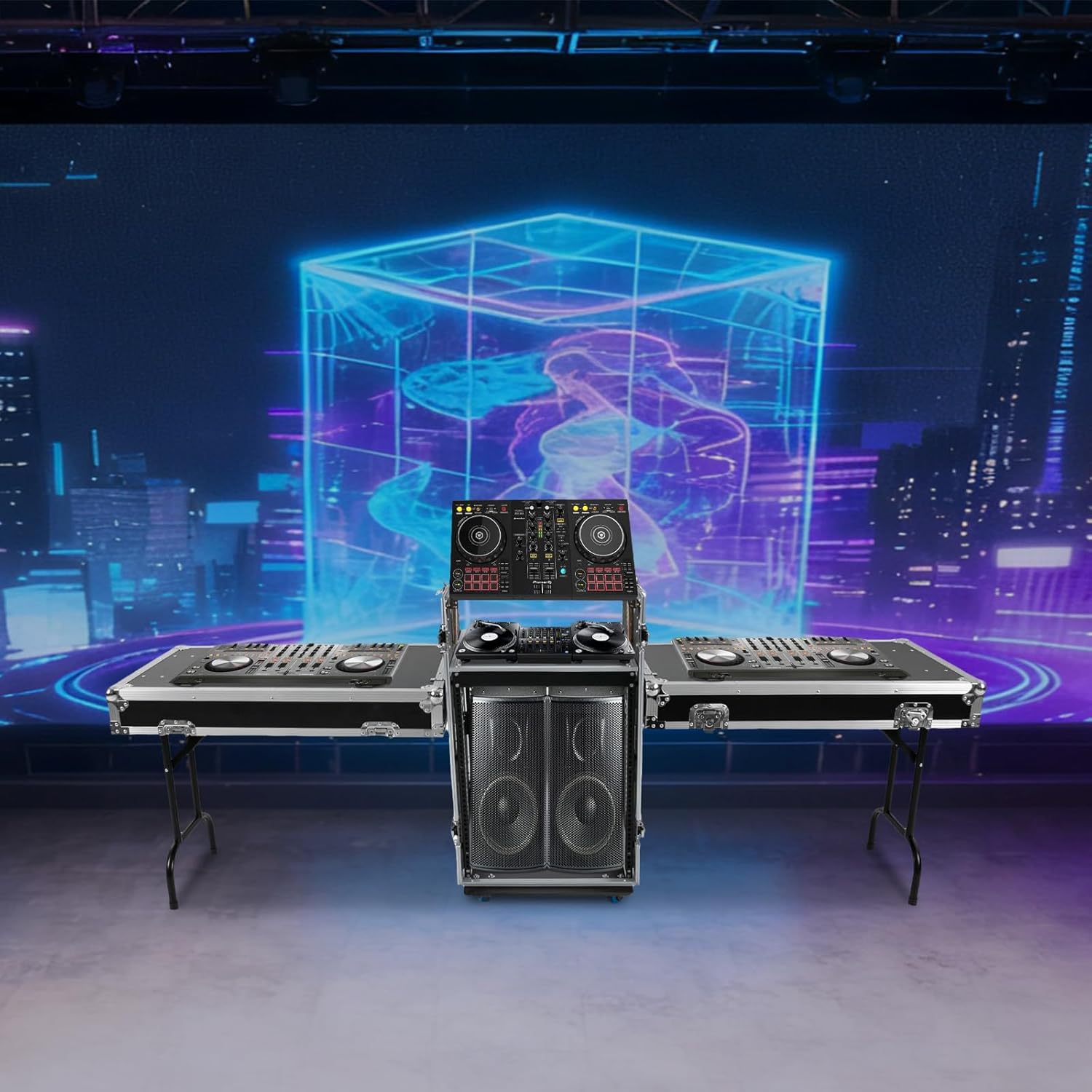 14U Mobile PA DJ Rack Road Case, Network & Stereo Rack with DJ Mixer Tops, Heavy-Duty 2-Tier Studio Equipment Cabinet with 4 Wheels, Amplifier Mixer Storage Stand for Live Sound, KTV, Home Theater