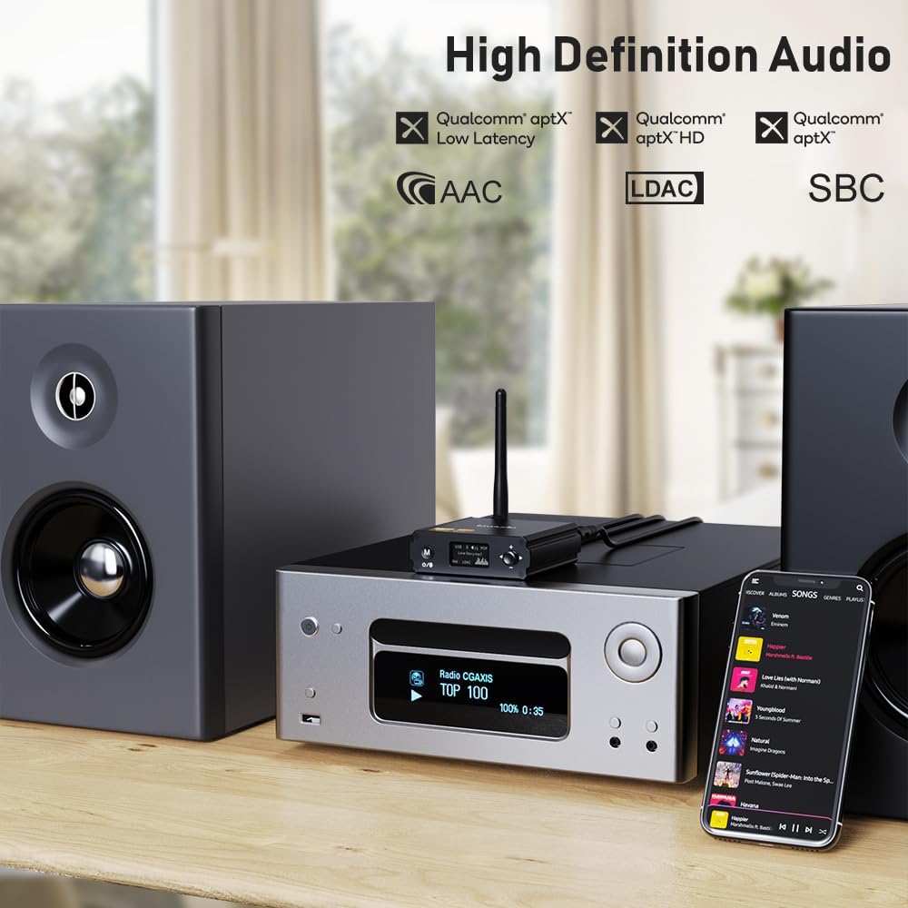 1Mii DS220 HiFi Bluetooth Receiver – Long Range Wireless Audio Adapter with Audiophile DAC, LDAC & aptX HD, OLED Display, Optical/Coaxial/RCA Outputs for Home Stereo & AV Receiver