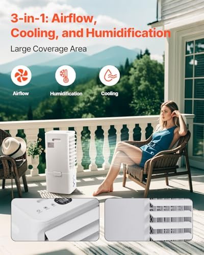 VEVOR Portable Air Conditioner, 9L 550 CFM Swamp Cooler Air Conditioner with 12H Timer & Remote Control, 3-Speed Evaporative Air Cooler with 2 Ice Boxes, Quiet & Movable, Ideal for Outdoor Indoor Use