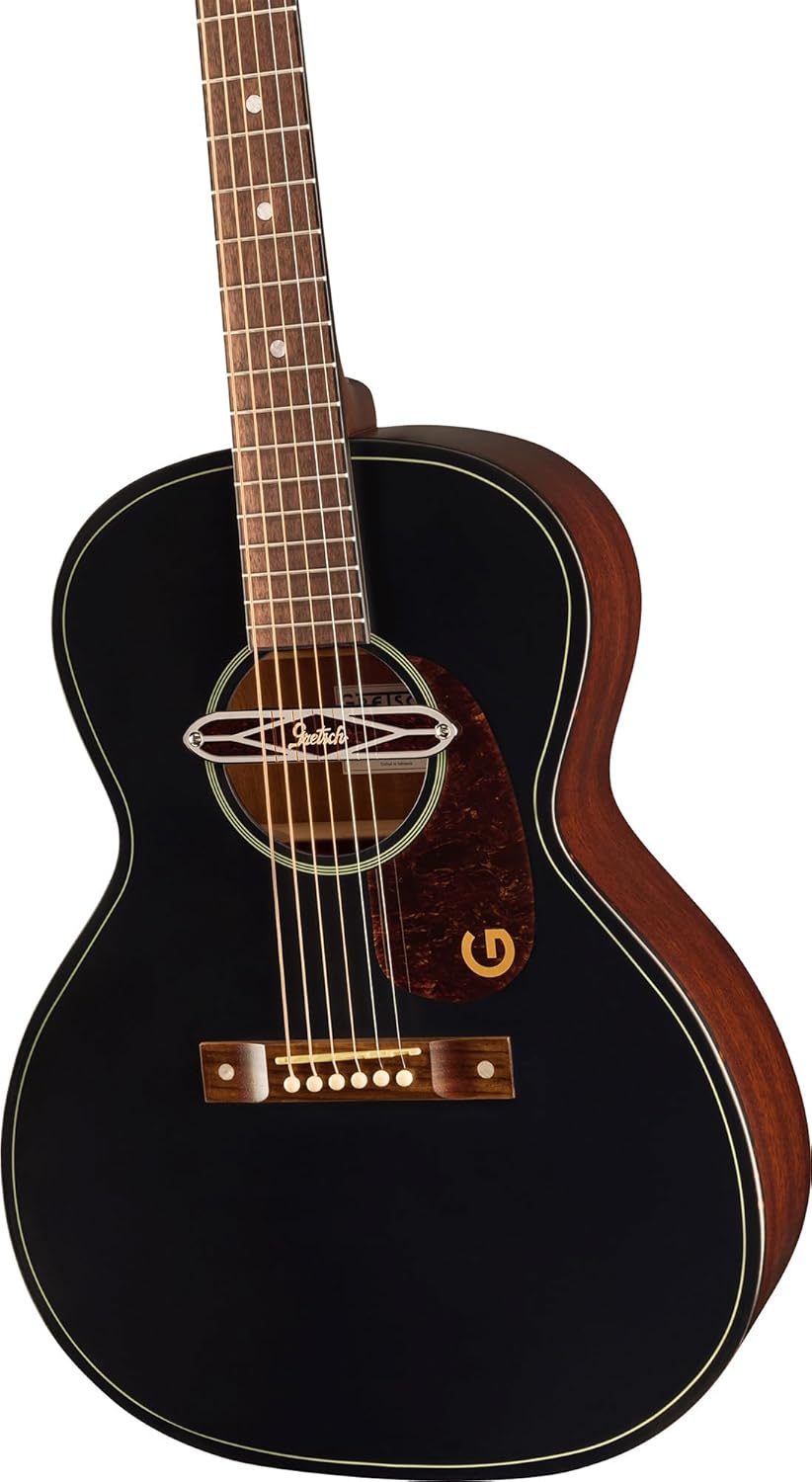 Gretsch Jim Dandy Deltoluxe Concert Acoustic-Electric Guitar - Black Top Bundle with Strings, Strap, Picks, String Winder, and Austin Bazaar Polishing Cloth