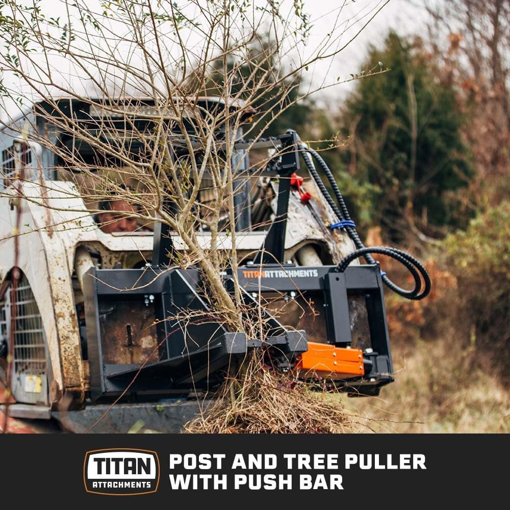 Titan Attachments Post and Tree Puller Attachment with Push Bar, 3,000 PSI Hydraulic Cylinder, Universal SSQA Landscape Removal Tool for Trees and Fence Posts, Skid Steer Accessories