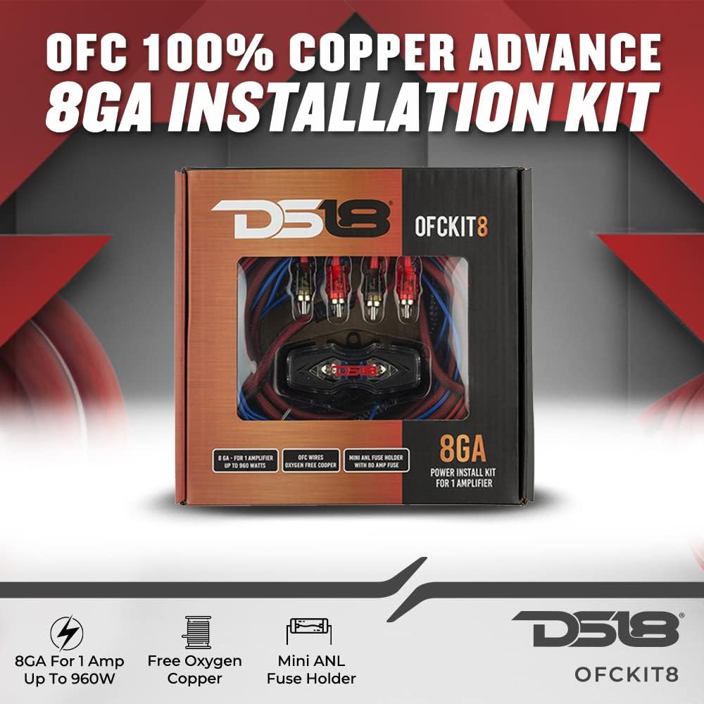 DS18 OFCKIT8 Ultra Flex Advance 8 Gauge Complete Amplifier Installation Wiring Kit 8GA with Fuse Holder and 80 Amp Fuse - Up to 960 Watts, OFC 100% Cooper
